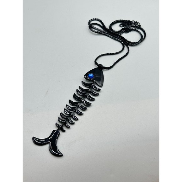 Punk Fun Fish Bone Necklace Black Enamel with Blue Eye Reversible Clear Eye - Picture 2 of 6